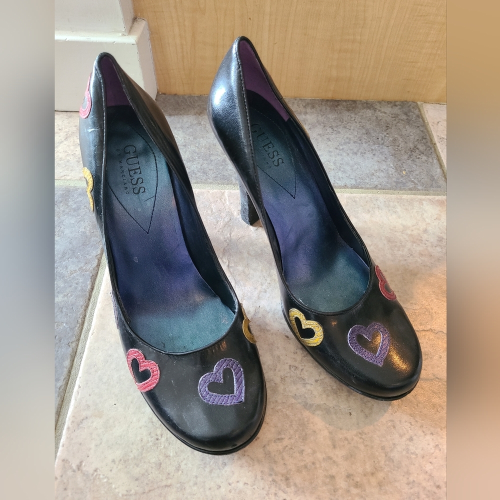 Guess Y2K black babydoll chunky pumps with colored hearts